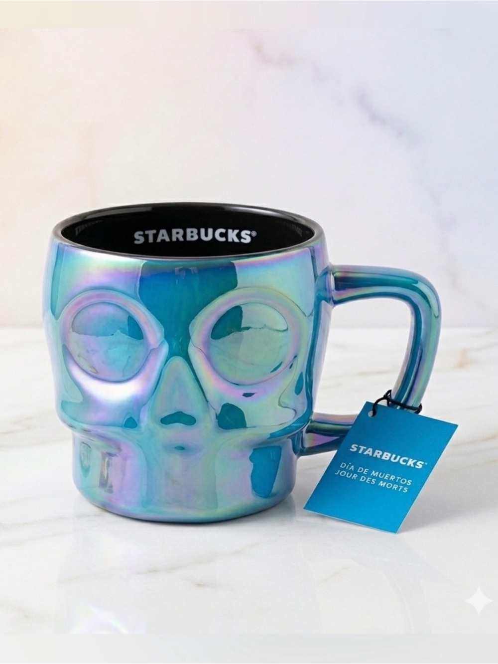 NWT Starbucks 2025 Fall Iridescent 3D Skull Coffee Mug 14oz Blue Metallic Cup